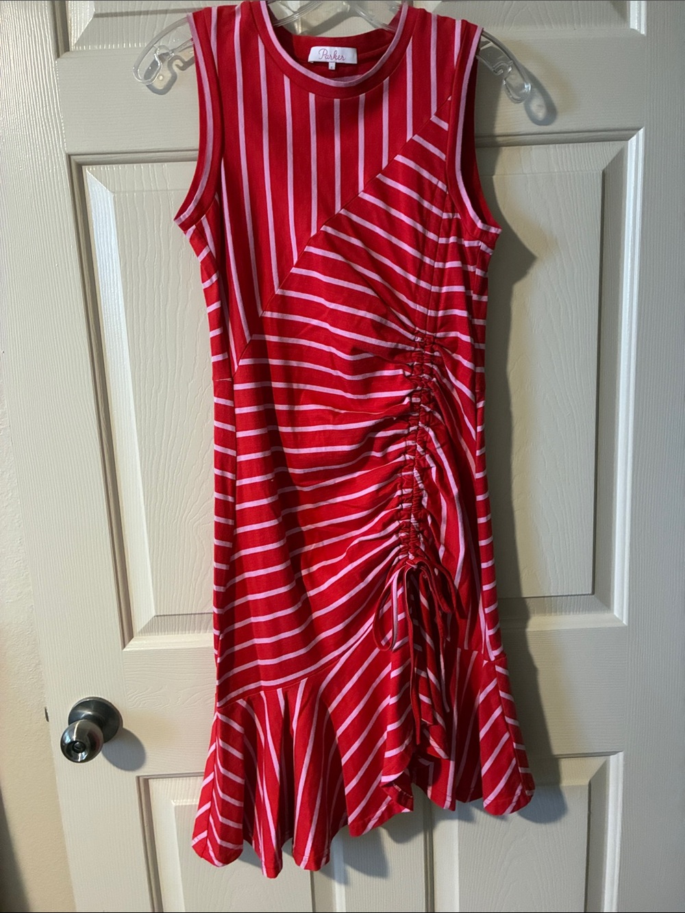 Parker Red and Pink Striped Asymmetrical Ruched Dress